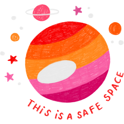 Image of multicolored solar system with text stating that this is a safe space.